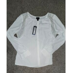 Worthington Petite White Lace Shoulder Long Sleeve Hidden Button Blouse PS NEW